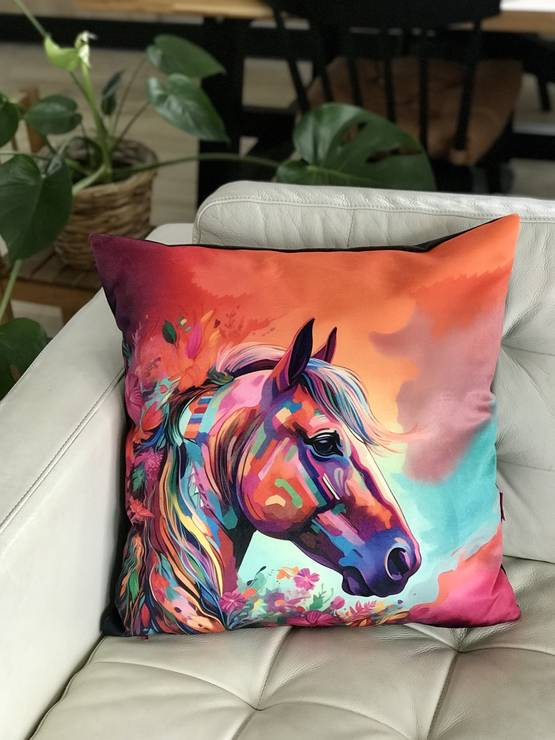 Tyyny hevonen oranssi-turkoosi taivas 45x45cm KABOO - Tuotteita omistajalle ja ratsastajalle - Kabootyyny7 - 1