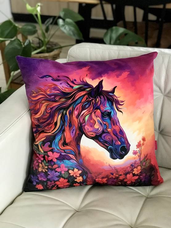 Tyyny hevonen oranssi-lila taivas 45x45cm KABOO - Tuotteita omistajalle ja ratsastajalle - Kabootyyny8 - 1