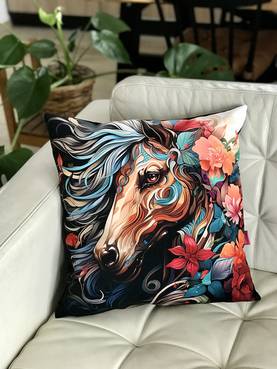 Tyyny hevonen turkoosit jouhet ja kukkia 45x45cm KABOO - Tuotteita omistajalle ja ratsastajalle - Kabootyyny9 - 1